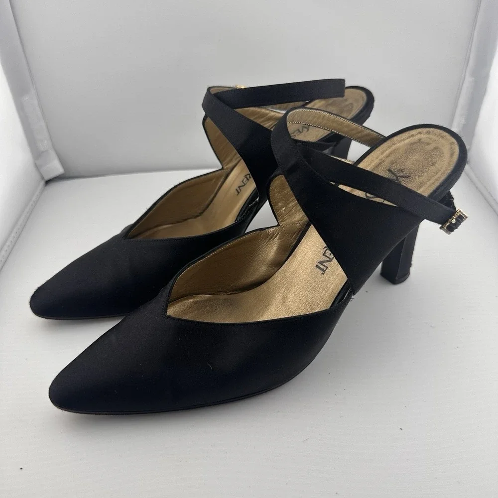 Yves Saint Laurent Womens Black Satin Ankle Strap Rhinestone Buckle‎ Heels YSL 8
